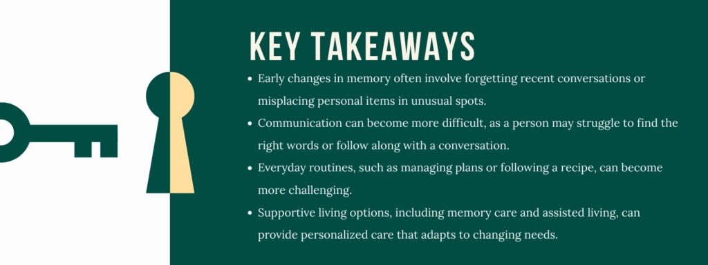 infographic that says 'Key Takeaways
Early changes in memory often involve forgetting recent conversations or misplacing personal items in unusual spots.
Communication can become more difficult, as a person may struggle to find the right words or follow along with a conversation.
Everyday routines, such as managing plans or following a recipe, can become more challenging.
Supportive living options, including memory care and assisted living, can provide personalized care that adapts to changing needs.'