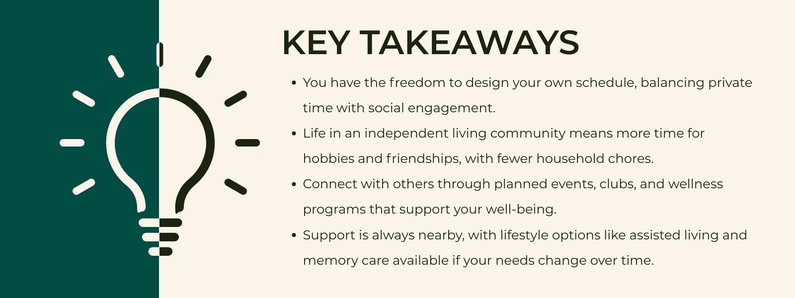nfographic that says 'Key TakeawaysYou have the freedom to design your own schedule, balancing private time with social engagement.Life in an independent living community means more time for hobbies and friendships, with fewer household chores.Connect with others through planned events, clubs, and wellness programs that support your well-being.Support is always nearby, with lifestyle options like assisted living and memory care available if your needs change over time.'