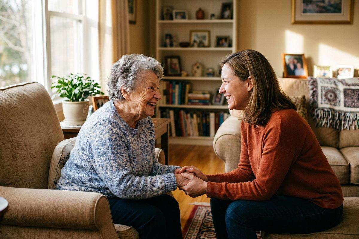 A family member holds the hands of their senior loved one inside their apartment in assisted living.