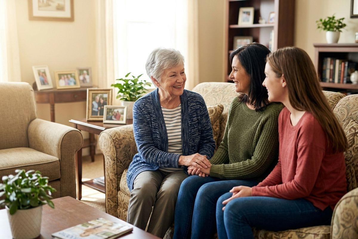 A family visits their senior family member in their new apartment in senior living.