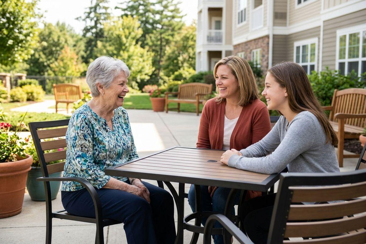 A family visits their senior loved one in a senior living community.
