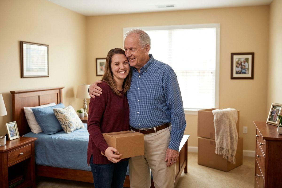 A senior hugs their child while moving into a new senior living apartment.