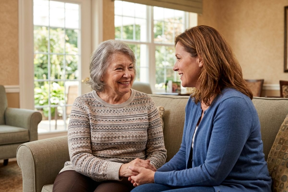 Two adults sitting on a sofa in a living room, smiling and talking, facing each other.