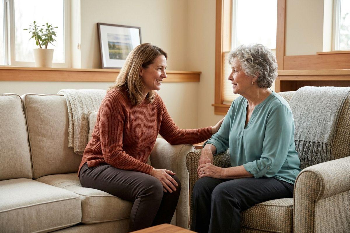 An older adult and their visiting family member sit together in a cozy corner of a senior living community.