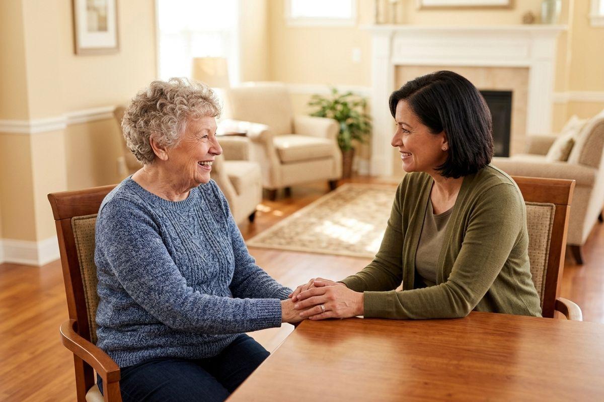 Young adult speaking to a senior at a table with compassion.