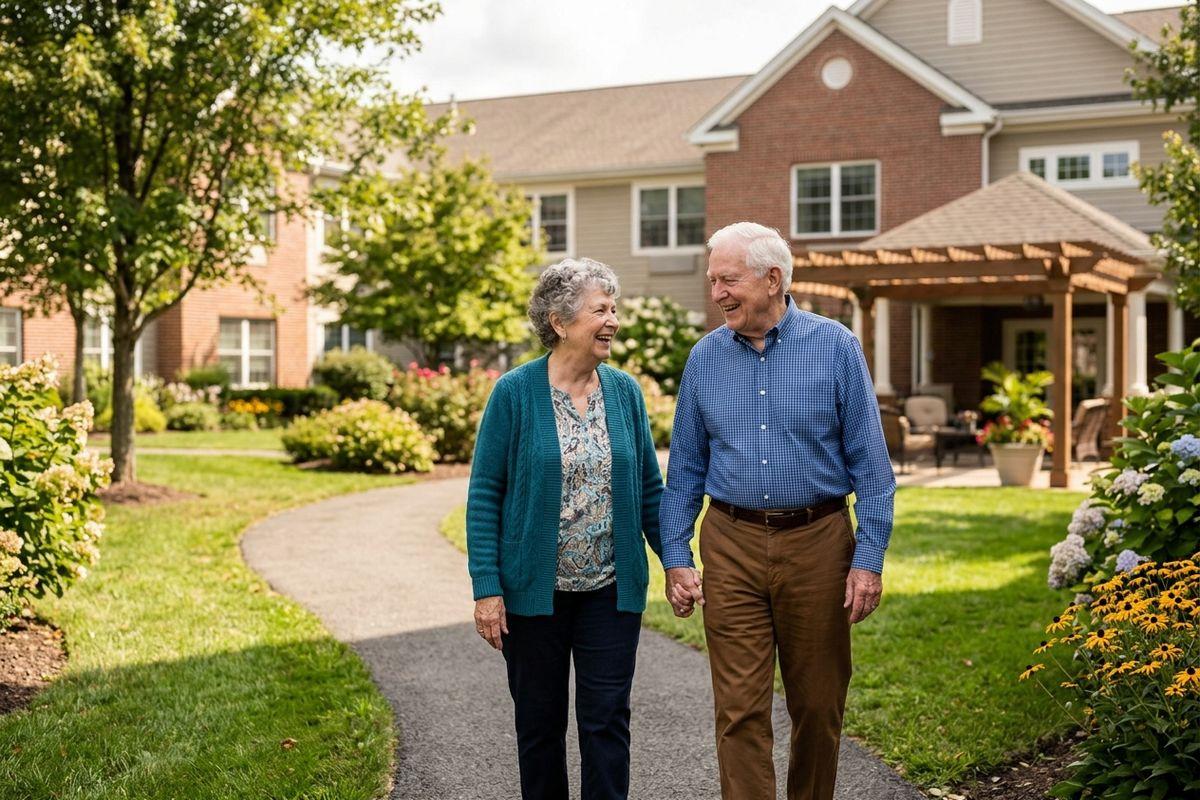 An older adult couple holding hands as they walk a paved path outside a vibrant independent living community.
