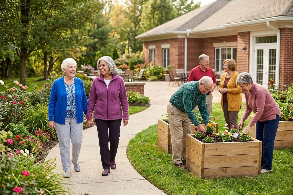 A vibrant senior living community showcases active seniors gardening and walking in the courtyard.