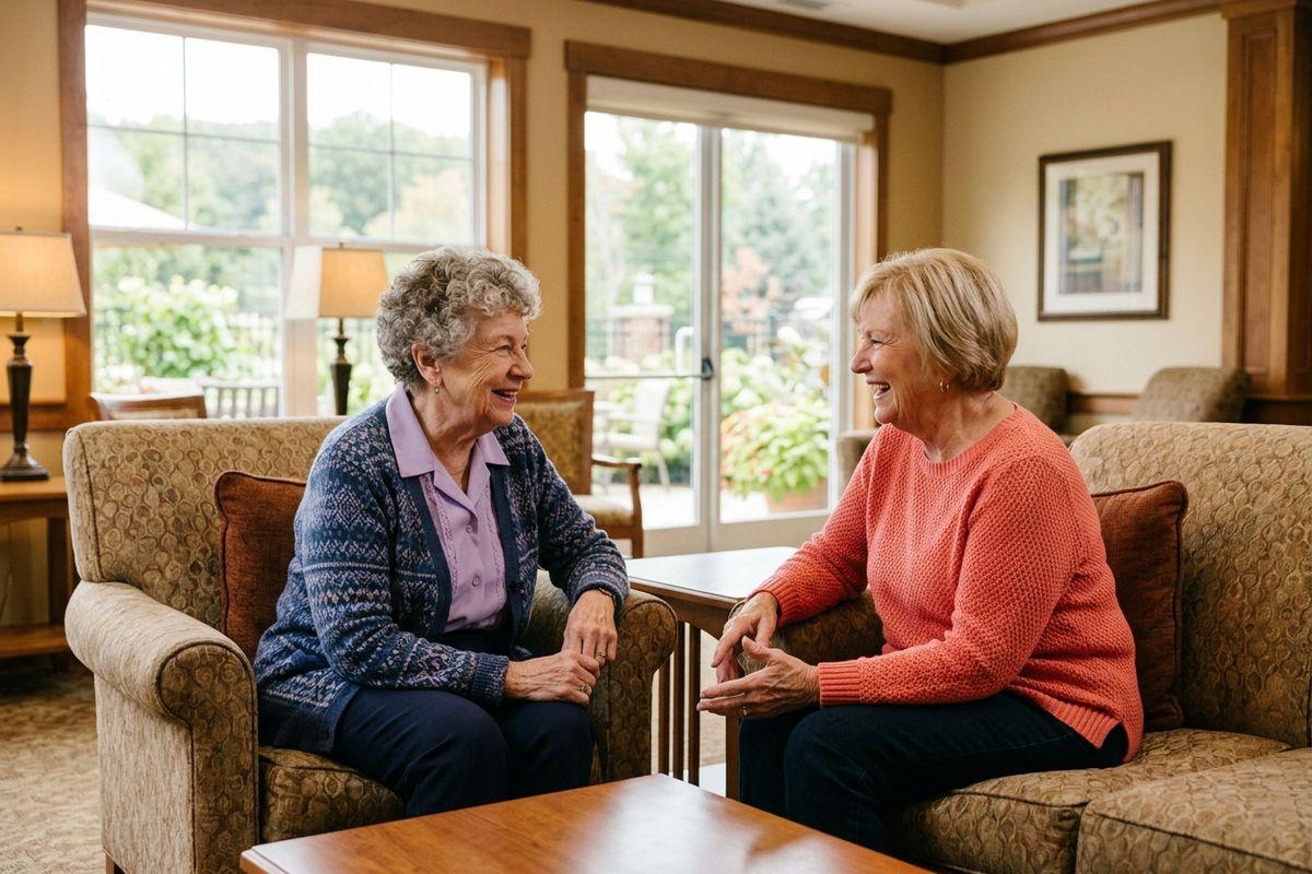 Two seniors sitting on a couch talking happily.