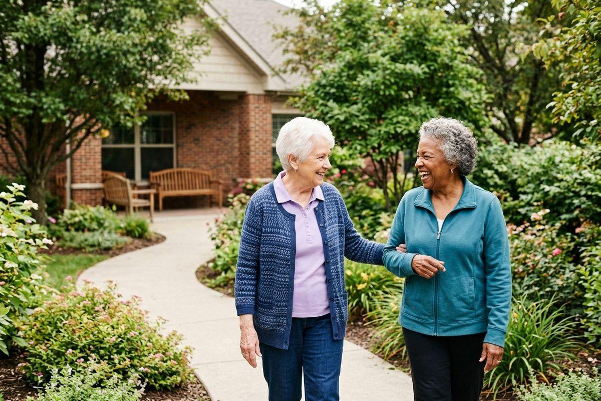 Two friends take a walk together along a walking path outside in a senior living community.