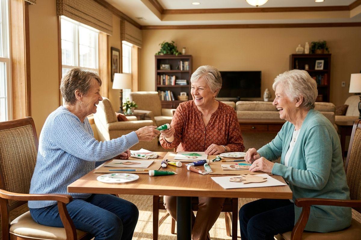 Three older adults laugh while painting at a wooden table with paint tubes and palettes in a common room with bookshelves and sofas.