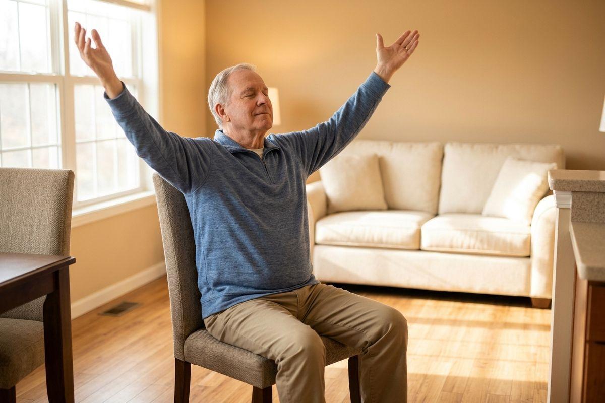 An older adult sits on a chair in their living room, stretching their arms overhead and closing their eyes during a gentle exercise session.