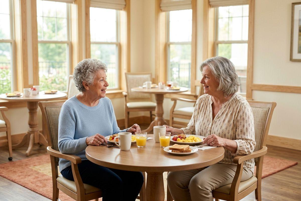 Two older adults sit at a small table eating breakfast with juice and coffee in a sunlit dining room, smiling at each other.