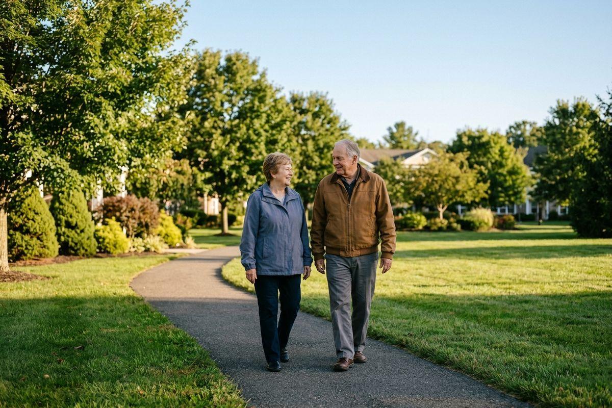 Two older adults in jackets walk along a paved path through a grassy park, smiling at each other, with trees and houses behind them.