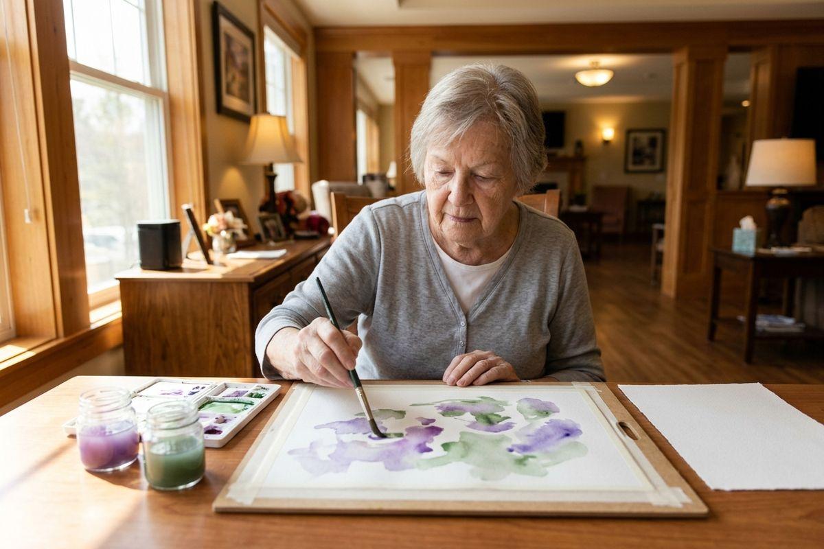 Older adult painting a purple and green watercolour at a wooden table, focused, with paint jars and a palette beside them at home.