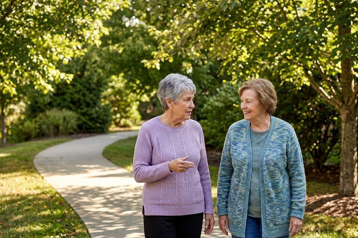 Two older adults walk together on a curved paved path in a green park, talking and smiling at each other.